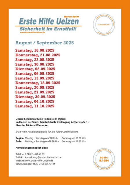 Termine für 1. Hilfekurse